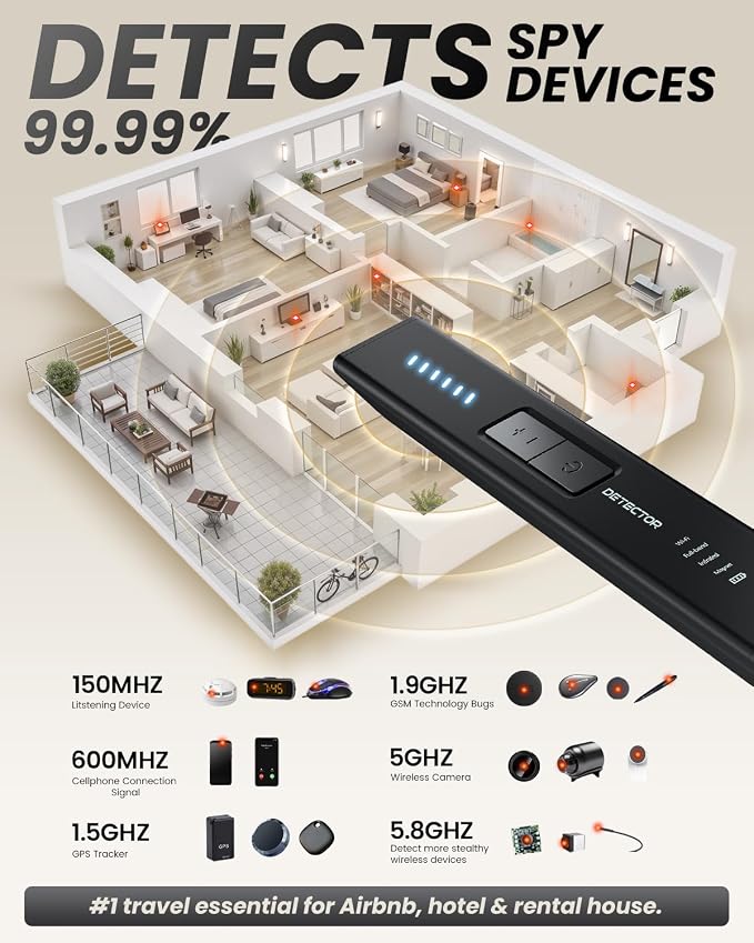 Hidden Camera Detectors GPS Tracker Detector with 6 Modes for Travel | Camera Finder Hidden Device Detector for Hotel Security with Type C Charging Cable , Matte Black - Image 6
