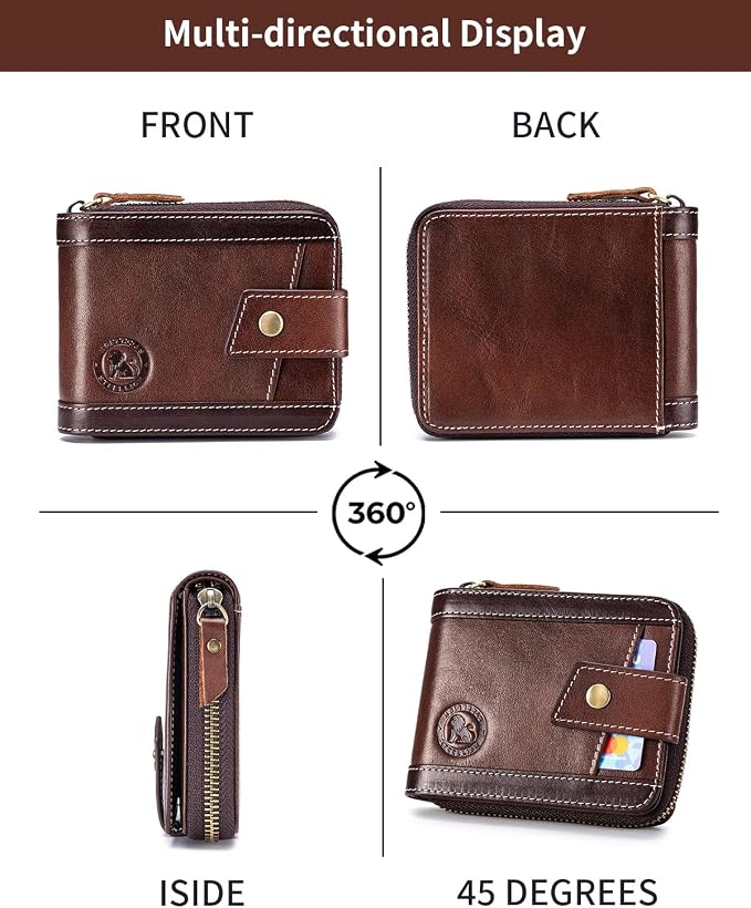 Men's Leather RFID Wallet with Zipper, 14 Card Slots, ID Window | Zippered coin pocket separates loose change; organized for commuting and everyday carry (Coffee) - Image 8