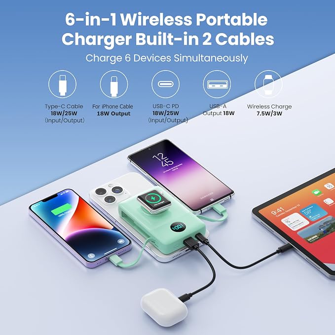 Magnetic Portable Charger 10800mAh with Built-in Cables,Wireless Power Bank for Magsafe,25W PD Fast Charging USB-C Travel Essentials Battery Pack for iPhone 17/16/15/14/13/12 Series,Apple Watch-Green - Image 7