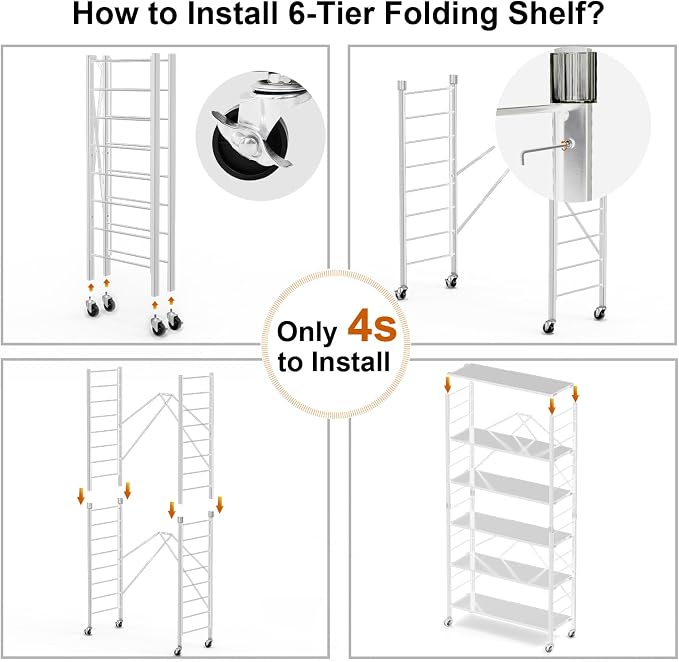 Himix 6-Tier Foldable Storage Shelves Expandable Shelf Wheels White 2-in-1 | Folding shelving units, Metal collapsible organization, Changeable into 2 shelf units, Garage, Kitchen, Holds 3600 Ibs - Image 7