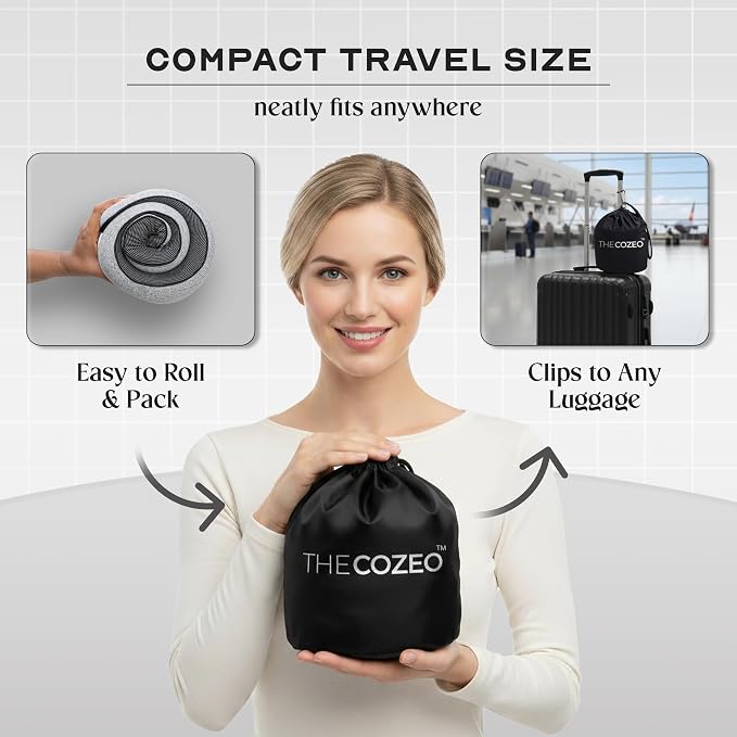 The Cozeo™ Travel Neck Pillow, 100% Pure Memory Foam Airplane Neck Pillow with Eye Mask & Earplug, Ideal for Long Flight, Car Road Trip Essentials & Sleeping | Suitable for Adults & Kids - Gray - Image 4