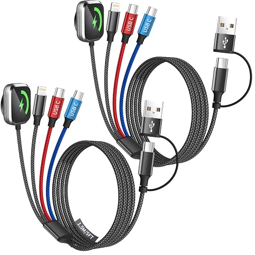 Travel Essentials 4-in-2 Multi Charging Cable for Apple Watch Charger, 5FT | Charging Cords for Multiple Devices with Dual Type-C/IP/iWatch Charger, Travel Cable for iWatch Ultra/11-2, iPhone17-8 by MPATIBY