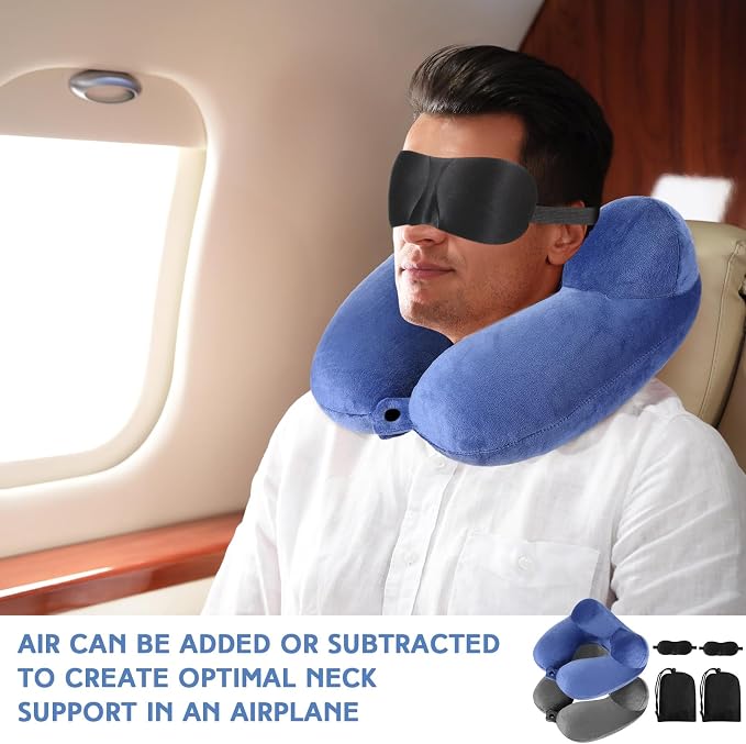 Sintuff 2 Pcs Inflatable Travel Pillow with Compact Bag and Blindfold Velvet Inflatable Neck Airplane Pillow Washable Cushion for Airplanes Flight Car Long Traveling Kids Adults Grey Blue - Image 4