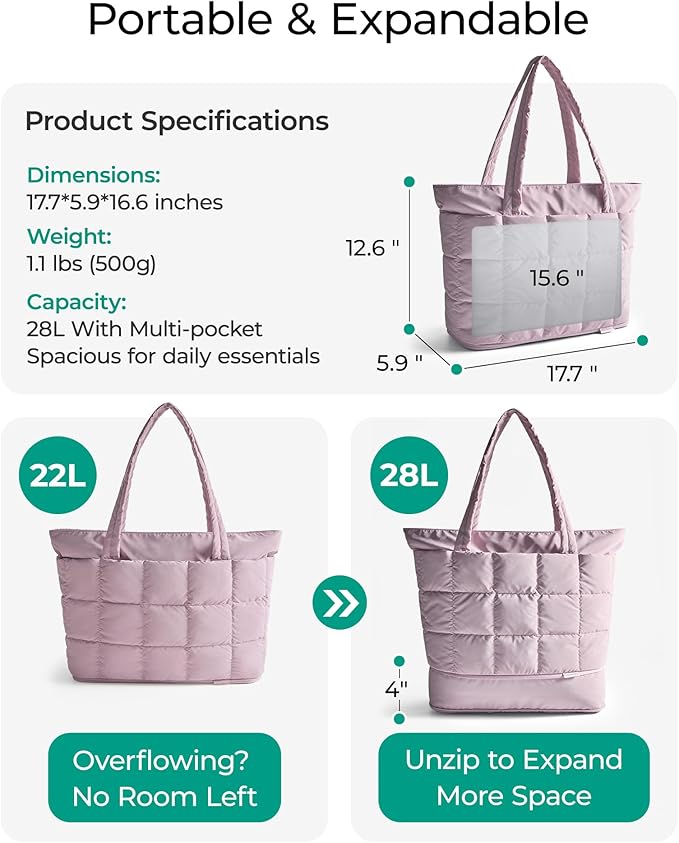 BAGSMART Expandable Tote Bag for Women, Puffer Work Tote Travel Bag | Quilted Carry On Bag for Travel Work Gym College, Waterproof Travel essentials - Image 3