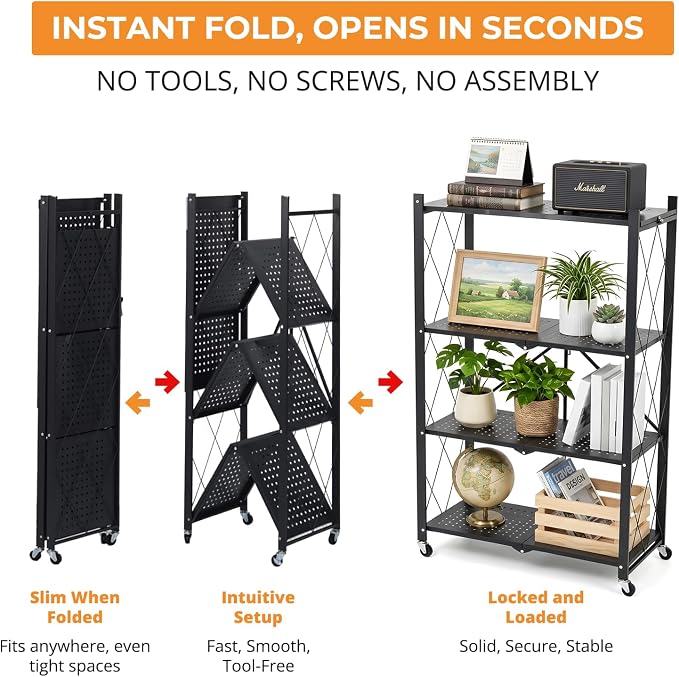 COKIHOM 4 Tier Foldable Storage Shelf, Large Capacity Metal Shelf Rack, Rolling Bookshelf with Wheels, Wire Shelf Organizer for Kitchen, Pantry, Office, Garage, Basement, Black - Image 4