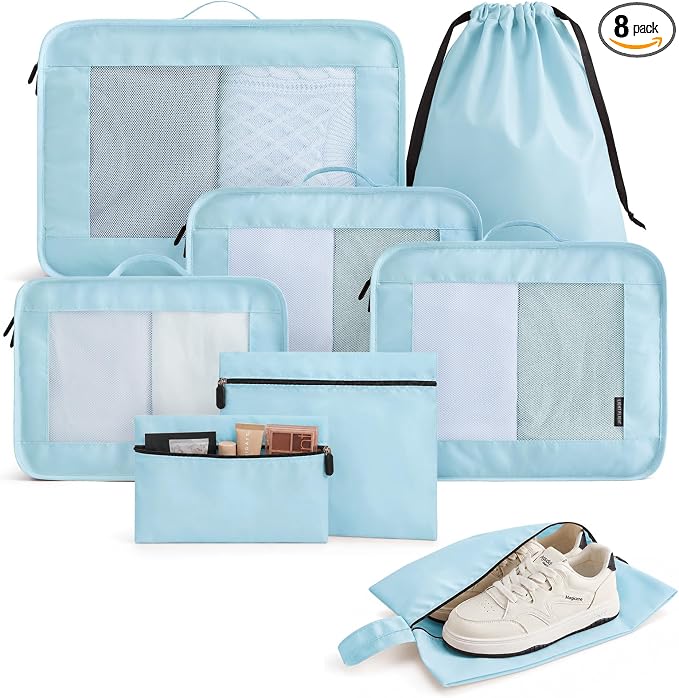 8 Set Packing Cubes for Travel, Cruise Ship Travel Essentials | 8-Pack Packing Bags, Mesh Luggage Organizer Bags & Laundry Shoe Bags for Max Clothing Capacity, Holiday Vacation Camping by LIGHTFLIGHT