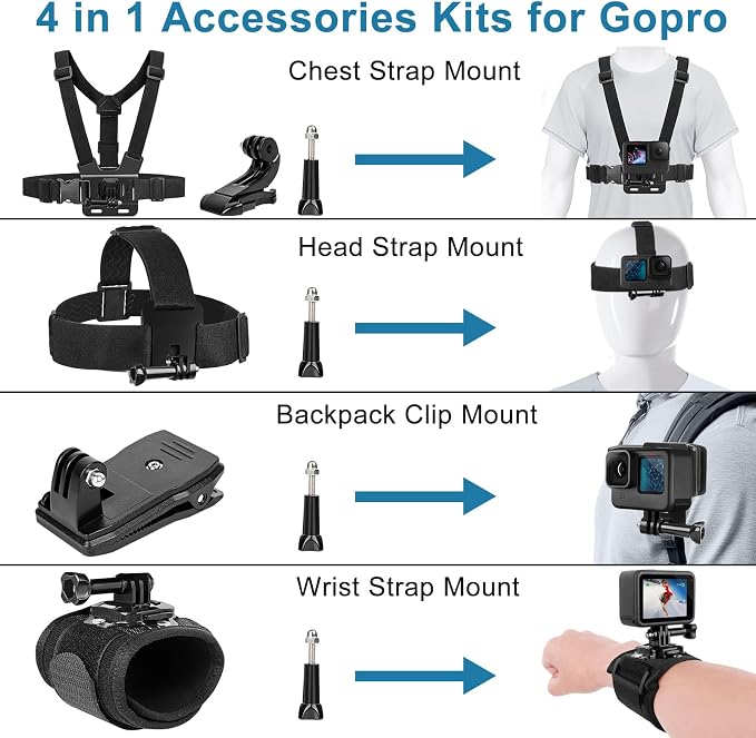 Chest Mount Harness, 4 in 1 Accessories Kit Compatible for Gopro Hero 13/12/11/10/9/8/7/6/5/4/3,Head Strap Mount,360°Rotation Wrist Strap Mount,Backpack Clip Holder,Adjustable Action Camera Mount Set - Image 2
