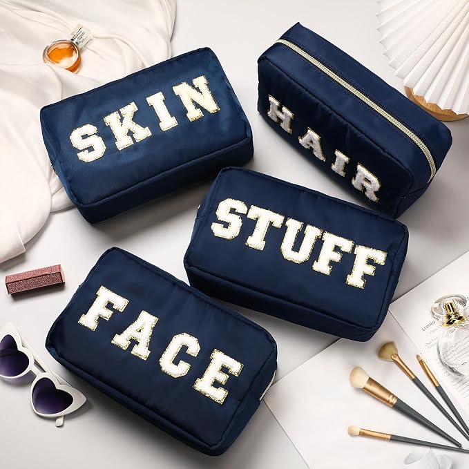 Preppy Makeup Bags Chenille Letter Stuff Bag Nylon Cosmetic Pouch Cases with Zipper for Women Travel Toiletry(Dark Blue,Classic,4 Pcs) - Image 6