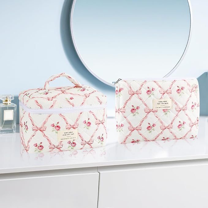 URSKYTOUS 2Pcs Cotton Quilted Makeup Bag for Women Girls Large Small Travel Floral Cosmetic Bags Set Cute Coquette Pink Makeup Pouch for Purse Aesthetic Cloth Flower Storage Toiletry Bag Organizer - Image 6