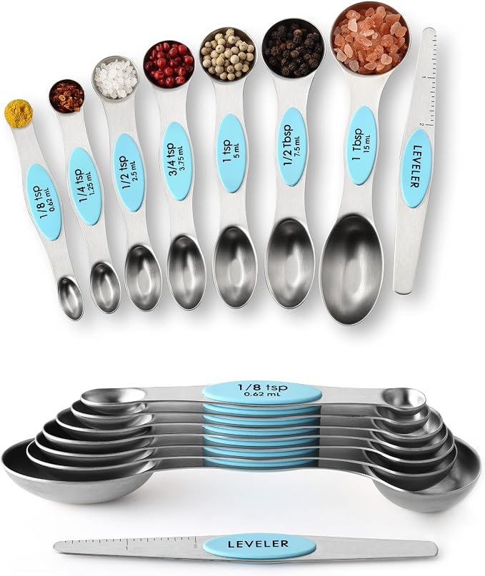 Spring Chef Stainless Steel 8 Magnetic Measuring Spoons, 2 Pack, Aqua Sky | Nesting Metal Teaspoon & Tablespoon Measuring Spoons with Leveler for Dry & Liquid Ingredients, Dual Sided, Dishwasher Safe by SpringChef