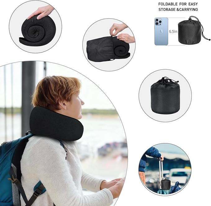 Neck Travel Pillows for Airplanes Memory Foam Neck Comfort Pillow Compact Ergonomic Design Sleeping Essentials for Long Flights Car Rides and Home Use (Black) - Image 4