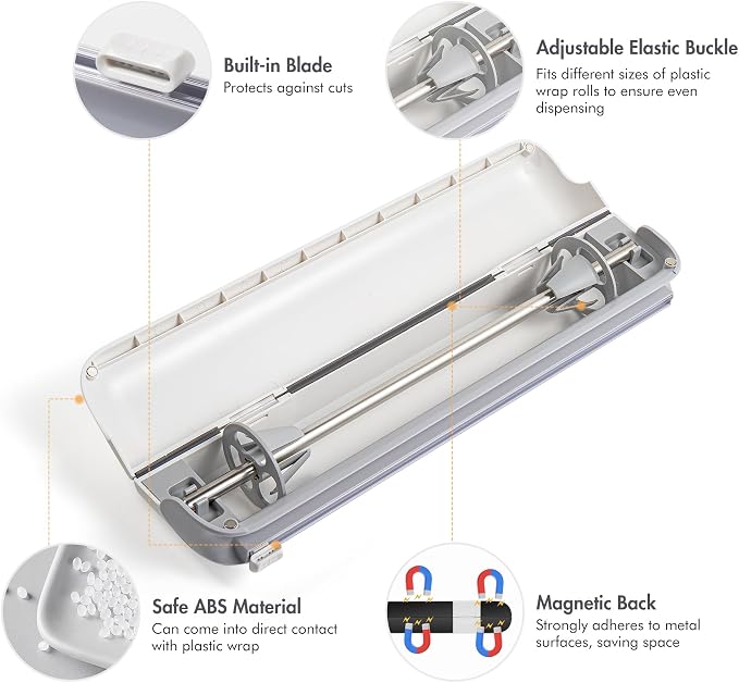 Aluminum Foil & Plastic Wrap Dispenser with Cutter - Easy One-Hand Operation, Space-Saving Kitchen Organizer for Worktops & Cabinets, Magnetic Cling Film Dispenser - Fits 12" Rolls, Gray - Image 7