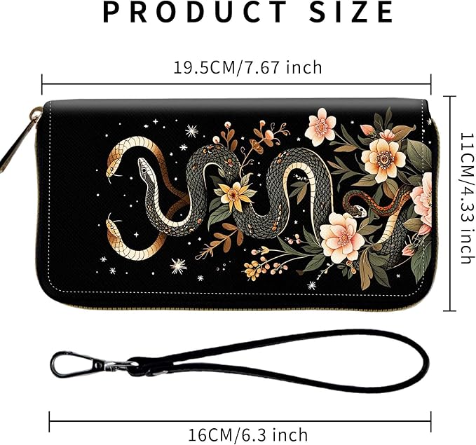 Wallet,Leather Long Wallet Suitable For Ladies And Teenagers - Detachable Wristband + RFID Travel Wallet With Card Slot - Aesthetic Snake Floral - Image 2