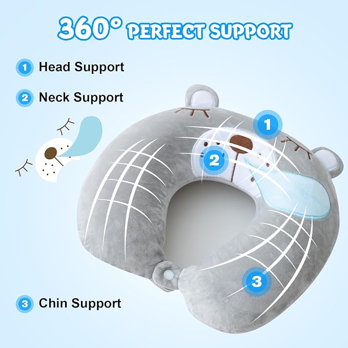 Cirorld Travel Pillow for Kids Adult Cute Neck Pillow for Traveling Memory Foam Airplane Pillow Sleep Mask Animal Flight Pillow Head Rest Neck Support for Cars Long Flights (Bear, 9-12 Y/O) - Image 2
