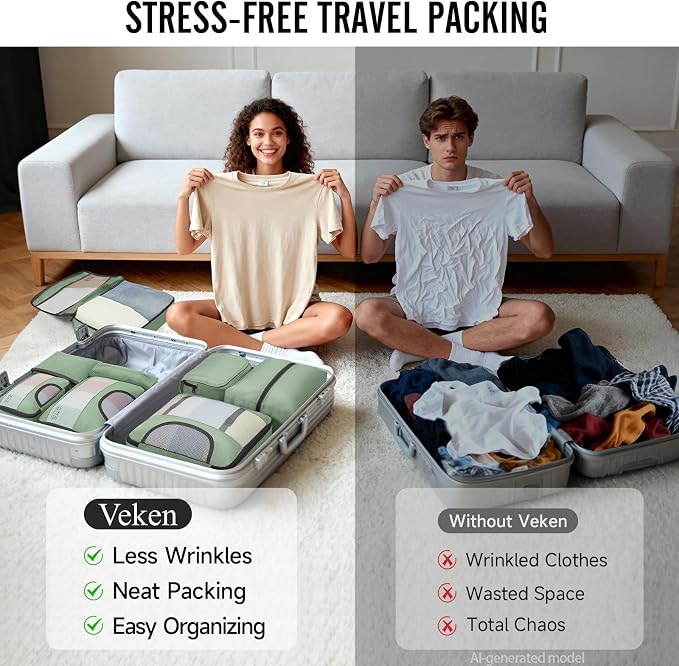 Veken 8 Set Packing Cubes for Travel Essentials,Anti-Wrinkle Buckled Suitcase Organizer for Shoe & Toiletry Bag,Carry On Luggage Bag with 99+ Count Mesh Holes for Airplane & College Dorm Accessories - Image 7