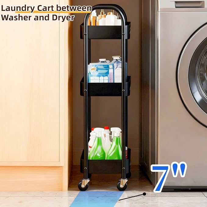 3 Tier Slim Metal Rolling Storage Cart for Laundry Room & Kitchen Organizer, 7.1'' Thin Standing Shelf for Narrow Spaces, Skinny Utility Cart with Wheels & Casters for Bathroom, Black - Image 2