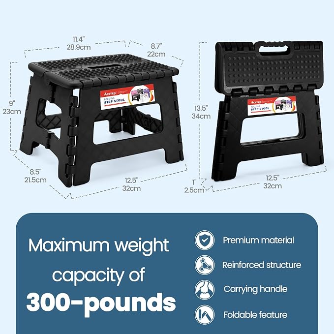 9 Inch Folding Step Stool 300 LB Capacity Non Slip Foot Stool with Handle Plastic Foldable Step Stools for Kids Stepping Stool for Bathroom Black Small Step Stool (1 PC Black) | Heavy Duty Foldable Stools, Lightweight, Holds 300 lb, for Toddler Kitchen... - Image 4