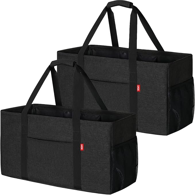 LHZK 2 Pack Extra Large Utility Tote Bag with Metal Wire Frame and the Sides Rinforced, Extra Large Tote Bag with Handle for Pool Beach Laundry Storage (Black) by LHZK