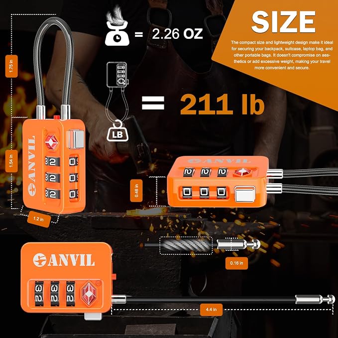 ANVIL TSA Locks for Luggage with Search Alert: Durable Cable Combination Locks, TSA Approved - Secure Travel Locks for Suitcases, Backpacks & Gun Cases (2, Orange) - Image 6