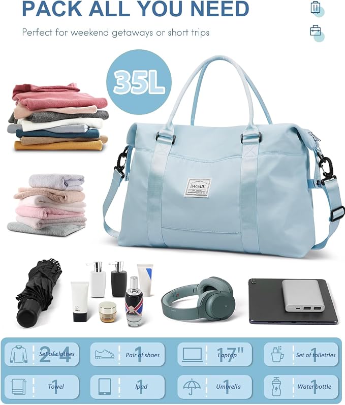 BAGAIL Travel Duffel Bag, Weekender Bags for Women, Overnight Gym Carry On Tote Bag with Wet Pocket, Hospital Mom Bag for Labor and Delivery - Light Blue - Image 2