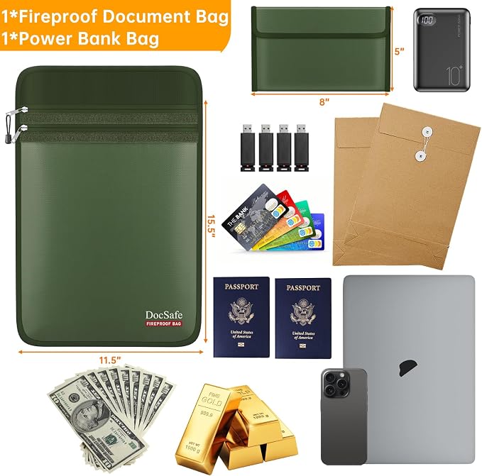 DocSafe Fireproof Document Bag (5200℉) with Fireproof Organizer Travel Case,Heat Insulated Fire＆Water Resistant 8 Layers Safe Money Bag Storage for Important Documents,Cash,Power Bank,Valuables,Green - Image 4