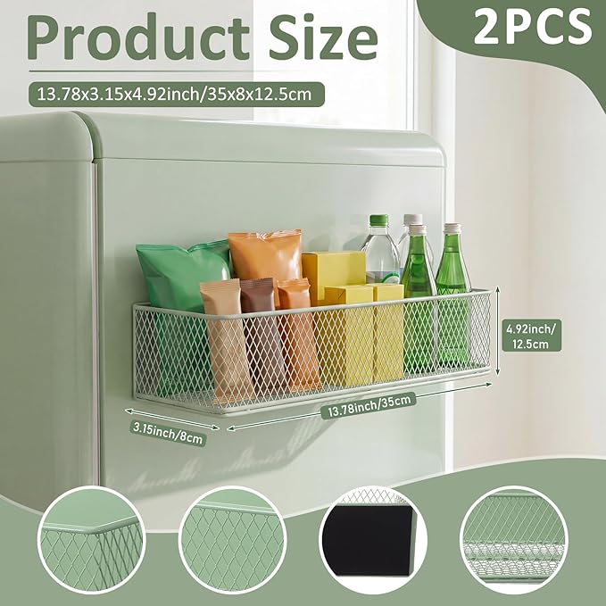FoldTier 2 Pack Sage Green Magnetic Basket Dorm Mini Fridge Shelf Organizer Kitchen Storage Bin Container Spice Holder for Locker Refrigerator Pantry Dorm Essentials (13.8 x 3.1 x 4.9 Inch) - Image 2