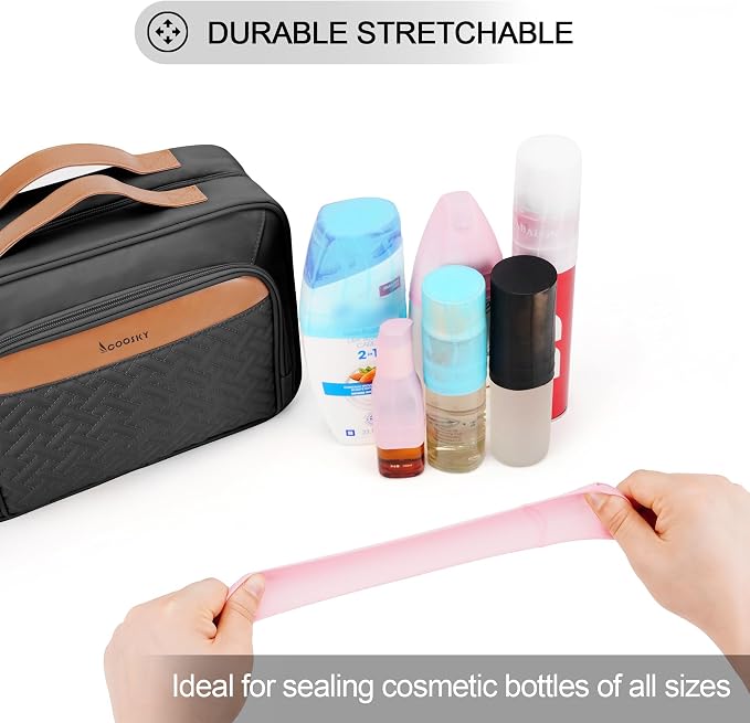 Travel Hanging Toiletry Bag for Women and Men, with 8 Leak Proofing Silicone Bottle Covers, Waterproof Makeup Accessories, Cosmetic Essentials, Cruise Ship Toiletries Bag with Jewelry Organizer, Black - Image 2