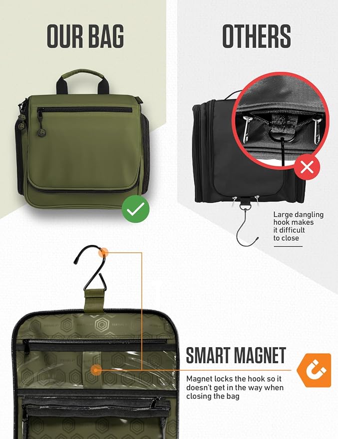 VENTURE 4TH Hanging Travel Toiletry Bag, 18 Compartments - Forest Green | Hangs on rails, hooks or doors; stands upright. Removable TSA pouch. Water-resistant Nylon 290D Twill, reinforced stitching. - Image 6
