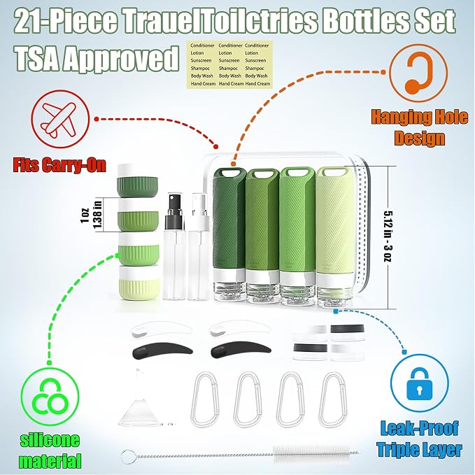 Travel Toiletry Containers 26Pcs Silicone Leakproof TSA Approved Set | Travel Bottles with Hanging Holes & Carabiners, Space Saving Portable, Easy Clean for Trips and Weekend Getaways - Image 2