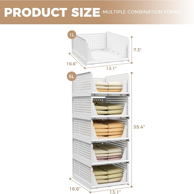 5 Pack Stackable Plastic Storage Closet Organizers and Storage Bins Drawer Shelf Storage Container for Wardrobe Cupboard Kitchen Bathroom Office White | Drawer Shelf Storage Container for Wardrobe Cupboard Kitchen Bathroom Office White Foldable Multifu... - Image 2