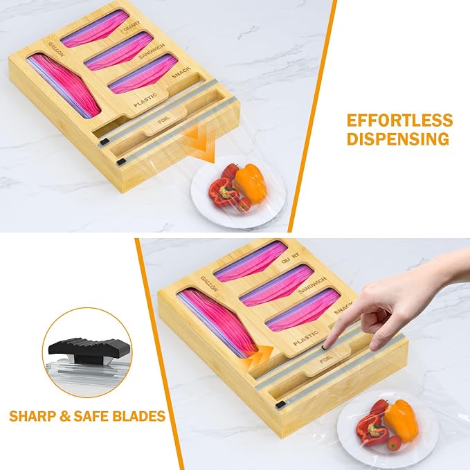 DALSHABET Bamboo Bag Organizer with Magnetic Closure, 6 In 1 Kitchen Drawer Foil and Plastic Wrap Dispenser with Cutter, Storage bag for Gallon, Quart, Sandwich, Snack Beige - Image 6