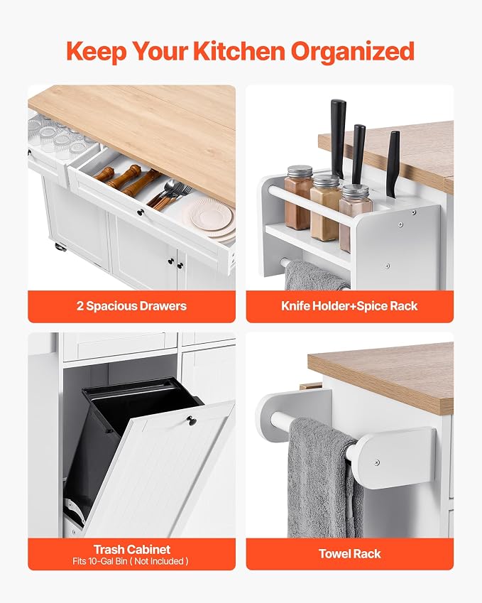VEVOR Kitchen Island Cart with Storage, 60in Wide Mobile Kitchen Cart with Wheels, Drop Leaf, 2 Drawers, Trash Can Cabinet, Knife Holder, Spice Rack, and Towel Rack, Table for Dining Room, Pantry - Image 3