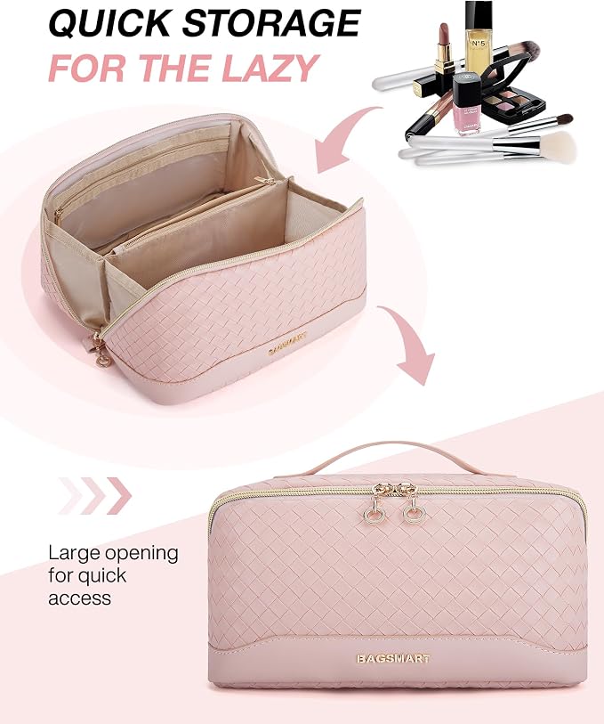 BAGSMART Makeup Bag, Travel Cosmetic Bag Organizer, PU Leather Water-Resistant Pouch, Open Flat Makeup Storage for Toiletries, Brushes, PU Leather Pink - Image 2