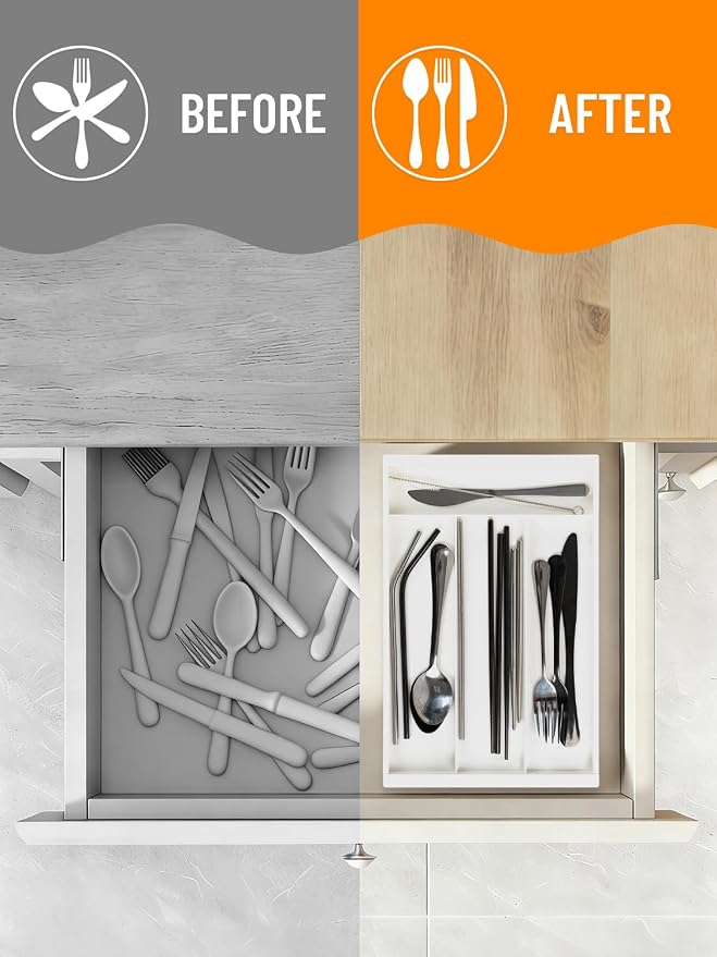 Silverware Drawer Organizer Tray (Cream) | Adjustable Small Utensil Holder for Spoon and Fork, Expandable Flatware Cutlery Tray for Kitchen Drawers - Image 6