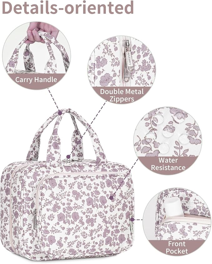 Narwey Hanging Floral Toiletry Bag for Women Travel Makeup Bag Organizer Toiletries Bag for Travel Size Essentials Accessories Cosmetics (Dusty Pink Flower (Medium)) - Image 7
