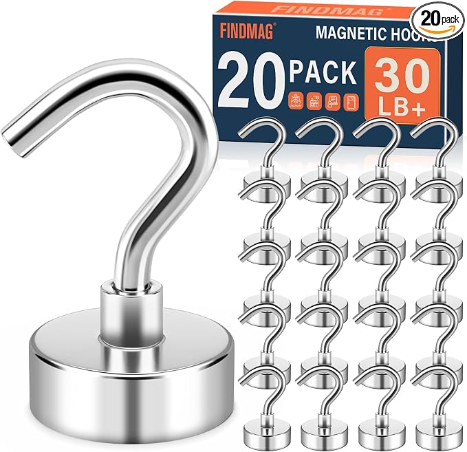FINDMAG Strong Magnetic Hooks, 30LB+ Magnets with Hooks, 20 Pack, Silver | Heavy Duty Neodymium Magnetic Hooks for Cruise Cabins, Refrigerator, Home, Kitchen, Metal Hooks for Cruise Ship Walls by FINDMAG