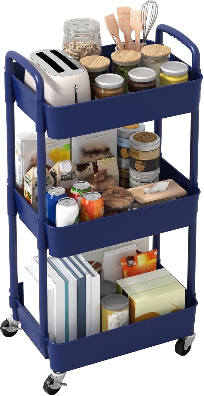 Sywhitta 3-Tier Plastic Rolling Utility Cart with Wheels for Storage,Blue | Multi-Functional Storage Trolley, for Office, Living Room, Kitchen, Bathroom,Movable Organizer,Space-Saving,Easy to assemble - Image 8