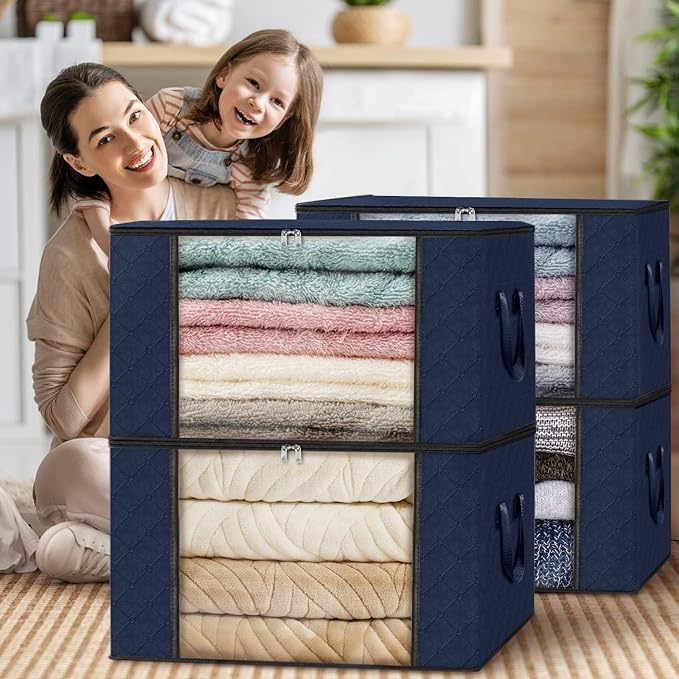 4 Pack Storage Bags for Clothes Blanket Storage Bins with Lids | Foldable Closet Organizers with Zippers,Window and Handles,Fabric Storage Bins for Sweater,Comforter,Bedding,Dorm essentials - Image 7