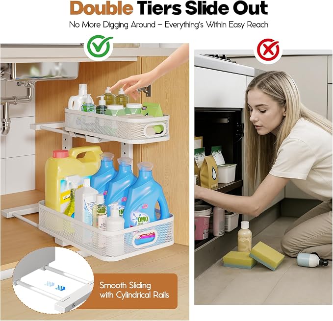2 Pack Under Sink Organizer With Smooth Cylindrical Rail,2-Tier Pull Out Multi-Purpose Cabinet Storage for Bathroom&Kitchen,Height Adjustable,Rust-resistant Coating-White - Image 3