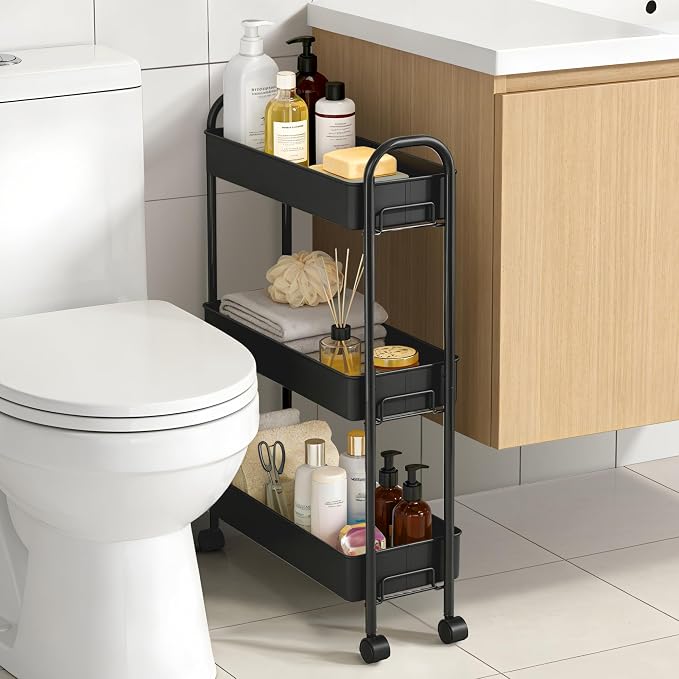 Slim Rolling Cart, Metal Frame Utility Rolling 3-Tier Narrow Storage Cart | Kitchen Storage Organizer, Mobile Shelving Unit for Bathroom Kitchen - Image 4