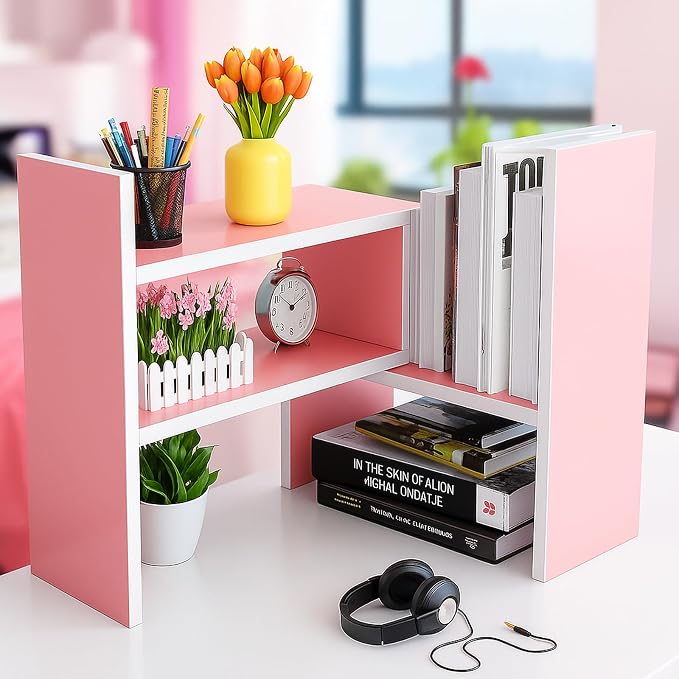 Desktop Shelf Organizer, Adjustable Wood Office Storage Rack, Counter Display Small Bookshelf for Home/Office/School(Pink) - Image 4