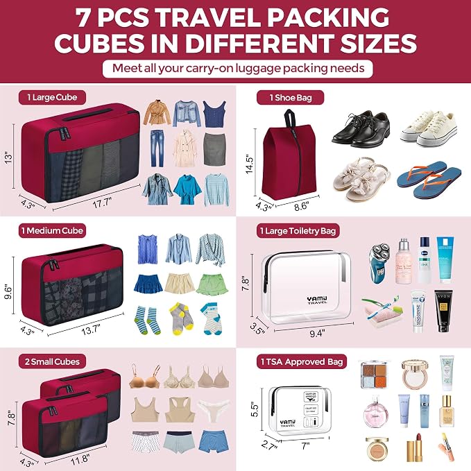 YAMIU Packing Cubes for Suitcases, 7 Pcs luggage organizer bags with Shoe Bag, 2 Waterproof Travel Toiletry Bags, Travel Cubes for Travel Essentials Travel Accessories - Image 2