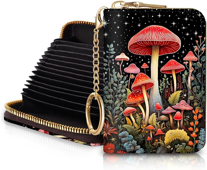 Blusabaca RFID Credit Card Holder Small Women Travel Wallet, Cute Mushrooms | Removable Keychain, Case with Zipper, Vegan PU Leather, Cash Coin Pocket, Business Accordion Purse, Ladies Female Gift by Blusabaca