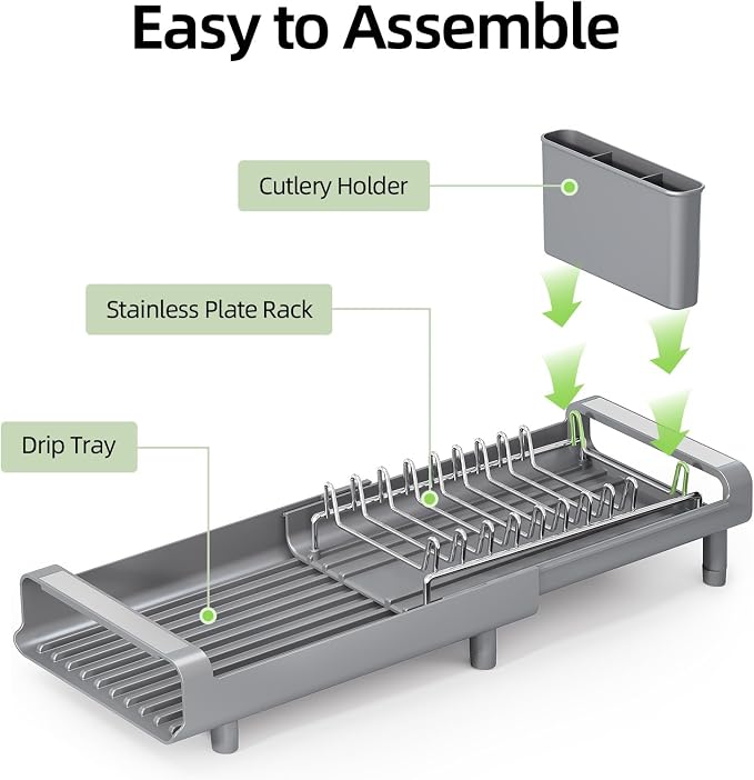 TOOLF Small Dish Drying Rack, Expandable and Space-Saving, Gray | Mini Dish racks for kitchen counter, Compact Design Fits Sink or Counter, Stainless Steel Plate Rack, 11"-19.3"L×7.7"W×3.54"H - Image 8