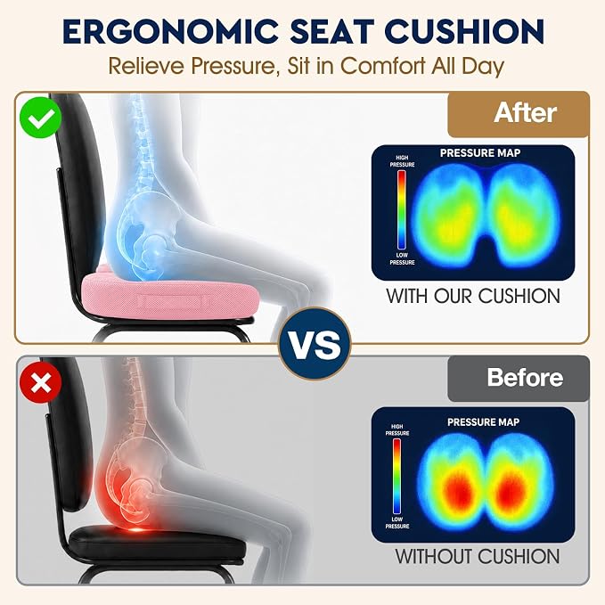 Seat Cushion, Memory Foam Office Chair Cushion - Pink, XXX-Large | for Car Seat, Airplane, Desk Chair - Sciatica & Hip & Coccyx Pain Relief Cushion for Long Sitting Office Workers, Car Drivers - Image 3
