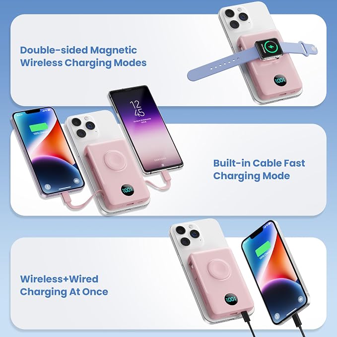 Magnetic Portable Charger 10800mAh with Built-in Cables,Wireless Power Bank for Magsafe,25W PD Fast Charging USB-C Travel Essentials Battery Pack for iPhone 17/16/15/14/13/12 Series,Apple Watch-Pink - Image 3