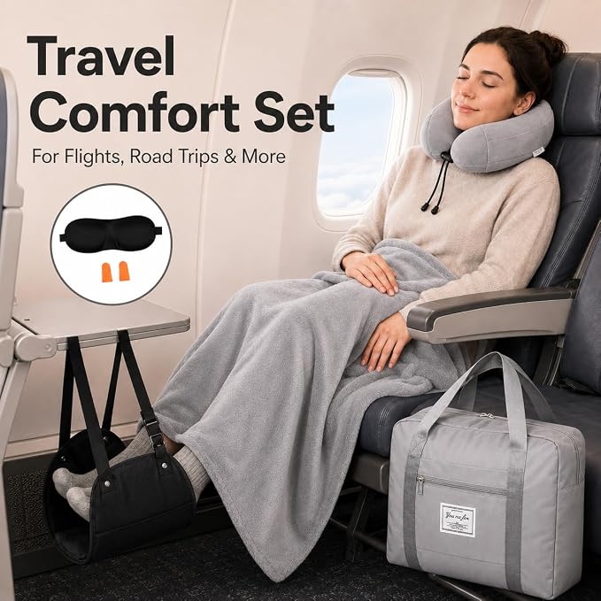 Travel Pillow and Blanket Set - Foot Hammock Rest Airplane Essentials, Grey | Memory Foam Neck Pillow Plane Foot Rest Airplane Accessories Essentials, Foldable Duffel Bag Eye Mask Earplugs for Comfort - Image 7