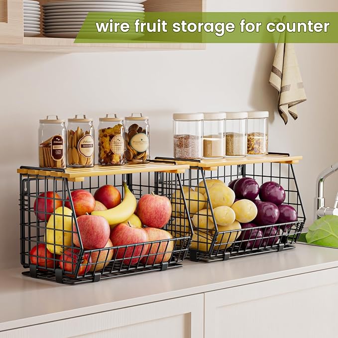 Hanging Fruit Basket for Kitchen, 3 Pack Vegetable Produce Basket | Wood Lid, Wall Mounted & Countertop Wire Storage Basket for Potato Onion Fruits Vegetables, Pantry Organizers Storage - Image 2