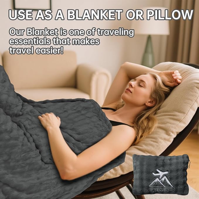 Travel Blanket and Pillow-2-in-1, Ultra-Soft&Compact, Airplane Blanket with Hand Luggage Belt and Backpack Clip,Travelers Accessories Gifts, 61x43 Inches（Dark Gray） - Image 4