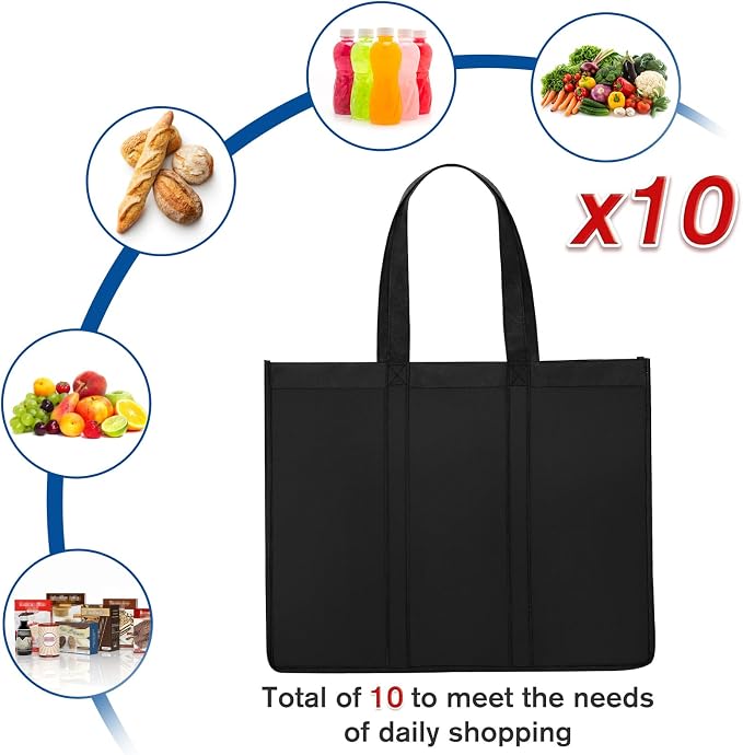 Reusable Grocery Shopping Bags 10 Pack Large Foldable Tote Bags Bulk | Eco Produce Bags with Long Handle for Shopping Groceries Clothes (Black) - Image 5